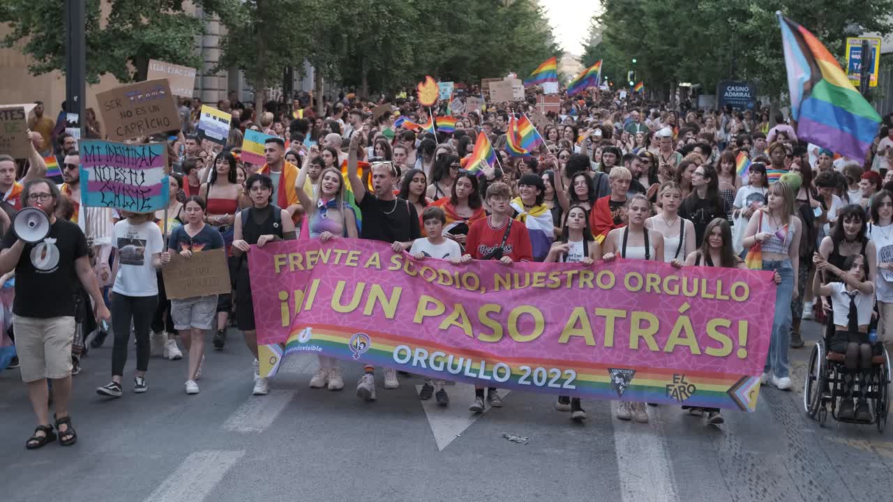 GRANADA, SPAIN - JUNE 28, 2022: Many people at the pride manifestation, LGBT+ community