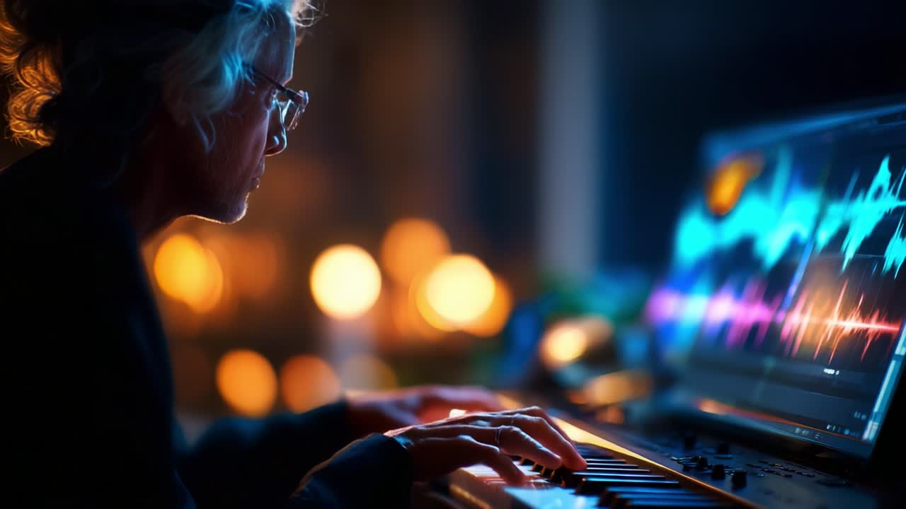 A musician immersed in creativity, playing keyboards and producing music in a dimly lit studio, surrounded by candles and visual sound waves on a computer screen, capturing a moment of inspiration
