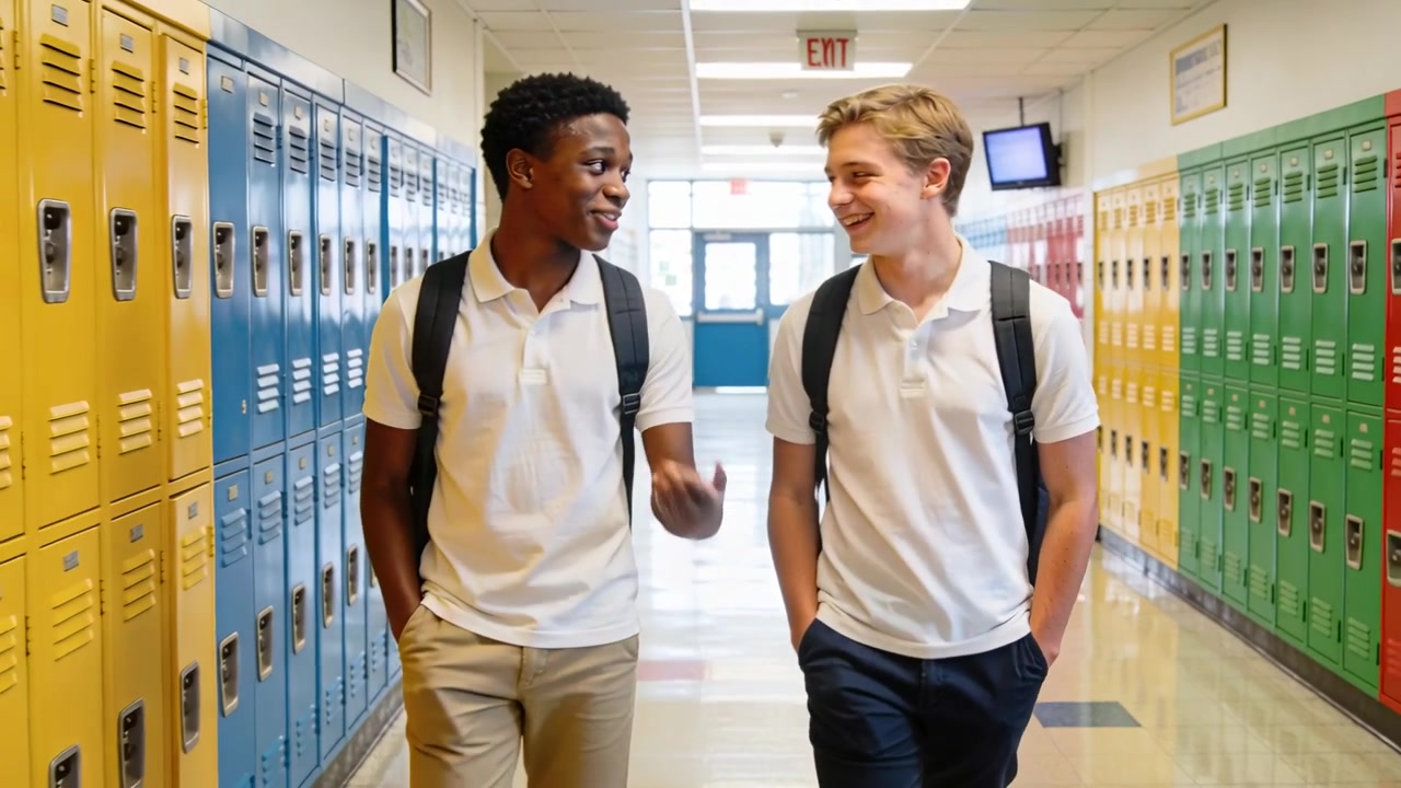 Walking two male teens in white polos with backpacks, smiling and talking down hallway toward exit