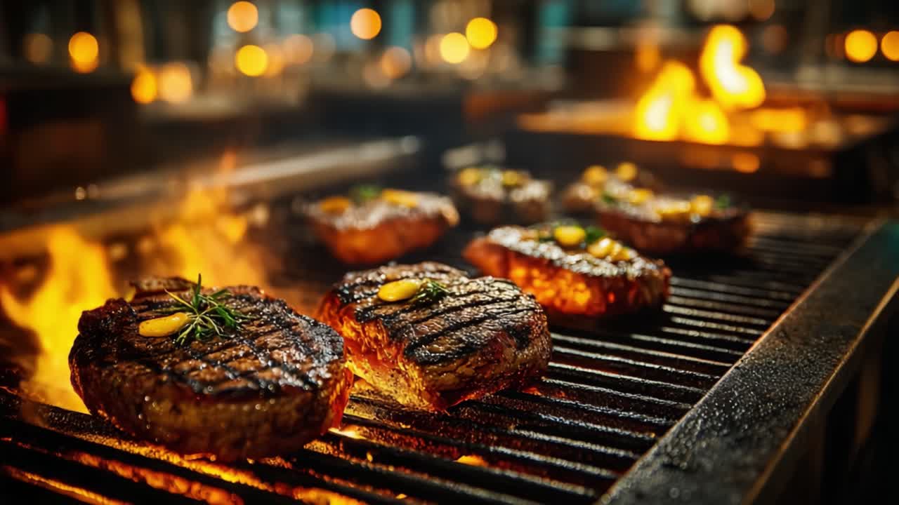Bistecche Deliziosamente Grigliate con Perfetti Segni di Scottatura, in Preparazione sulle Fiamme per un'Esperienza Culinaria Eccezionale in un Ambiente da Ristorante