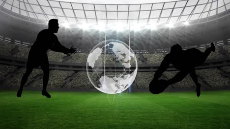 animation of silhouette of rugby players and globe over sports stadium