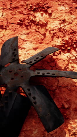 rusty fan blade against red background