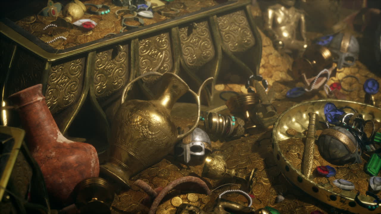 un cofre lleno de monedas de oro, joyas y otros tesoros