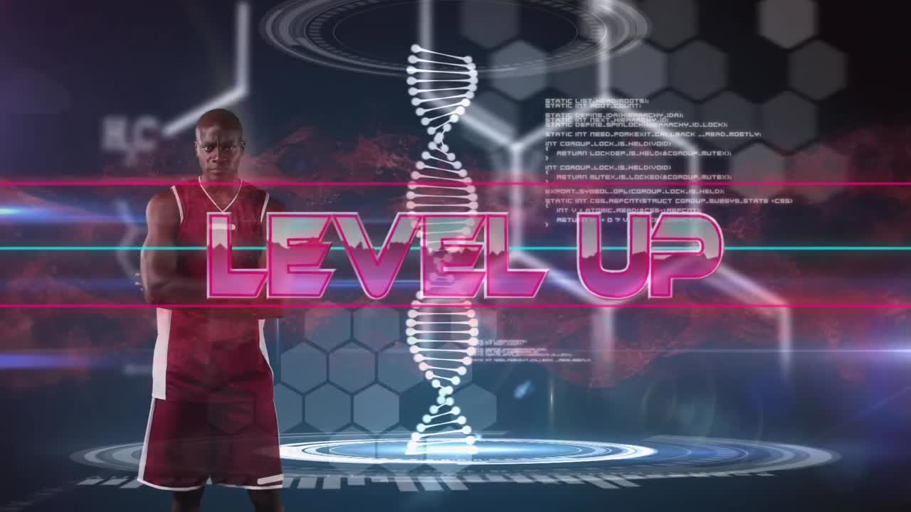 데이터 처리 및 아프리카계 미국 농구 선수와 함께 레벨 업 텍스트의 애니메이션