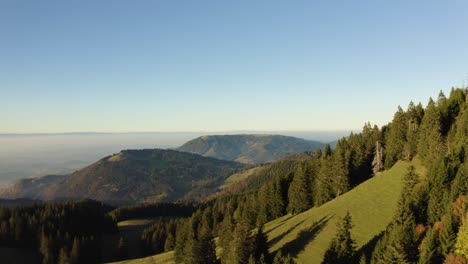 Toma-Aérea-Por-Encima-Del-Bosque-Con-Colores-Otoñales,-Cumbres-Montañosas-Que-Aparecen-En-La-Luz-Del-Atardecer-De-Fondo