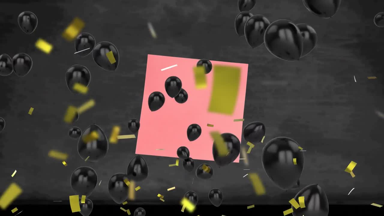 Konfeti emas berjatuhan dan balon hitam yang banyak mengambang di atas catatan memo merah muda di latar belakang hitam.