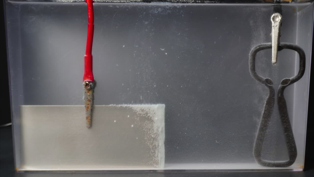 Timelapse of electroplating. Sludge collects on anode (left), bubbles rise from cathode (right)