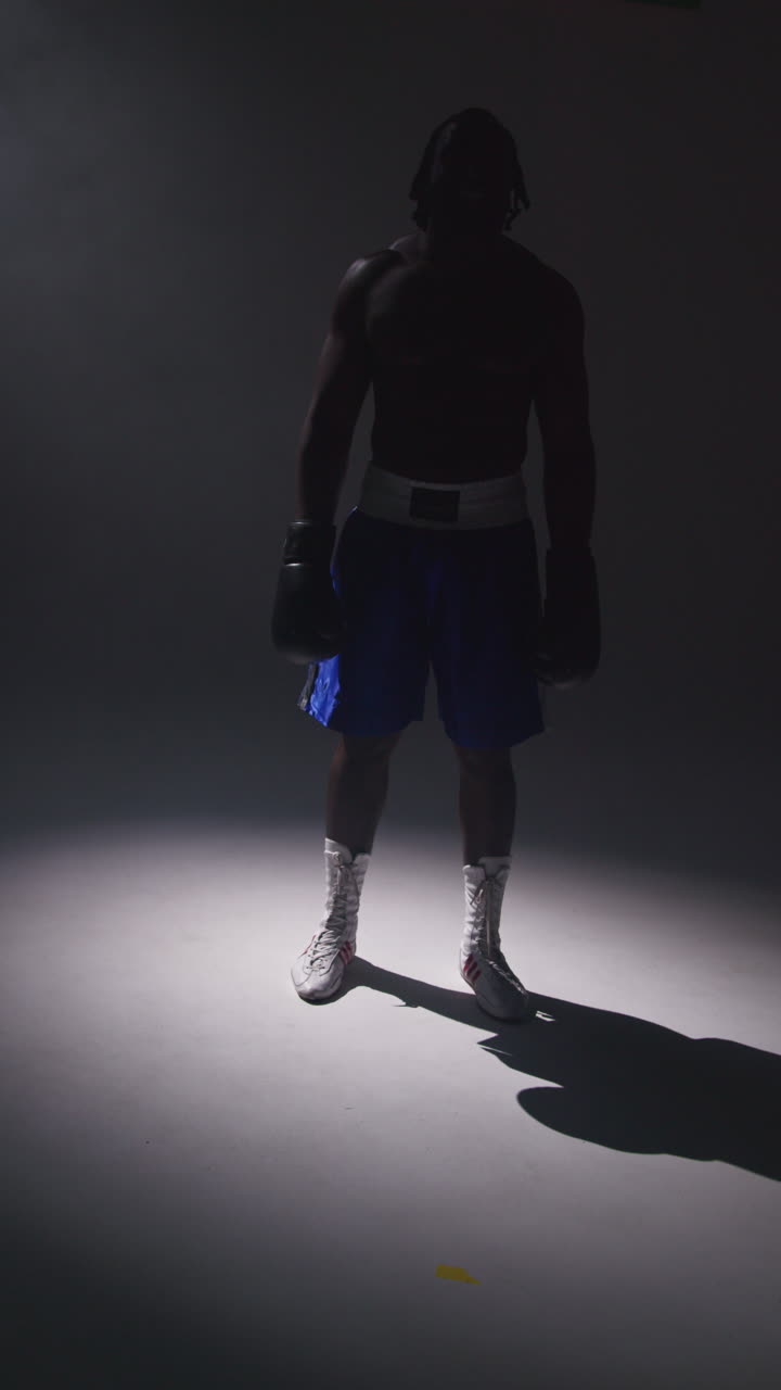 video de estudio con silueta vertical con iluminación de bajo tono de un boxeador con guantes de pie en un charco de luz contra un fondo gris