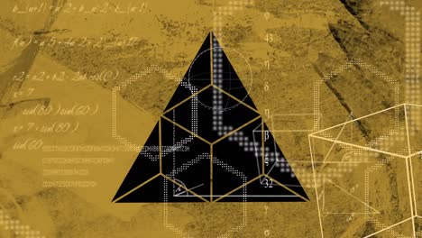 Geometrical-shapes-against-triangle-design-on-textured-yellow-background