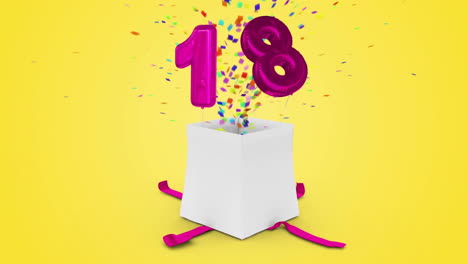 number 18 popping out of gift box with confetti animation on yellow background