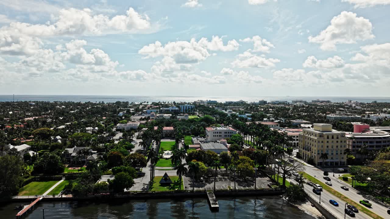 Aerial: downtown West Palm Beach residential zone during the day in Florida, USA, establishing drone shot