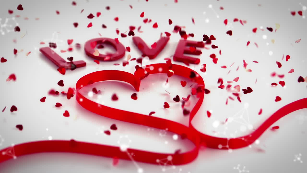 animazione della parola amore e nastro rosso a forma di cuore con confetti che cadono su bianco
