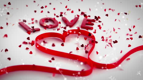 animation of the word love and red ribbon in heart shape with confetti falling on white