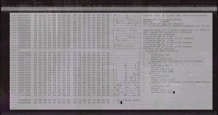 Fade-in terminal overlay scrolling hex dump and ASCII while showing nmap scan listing services