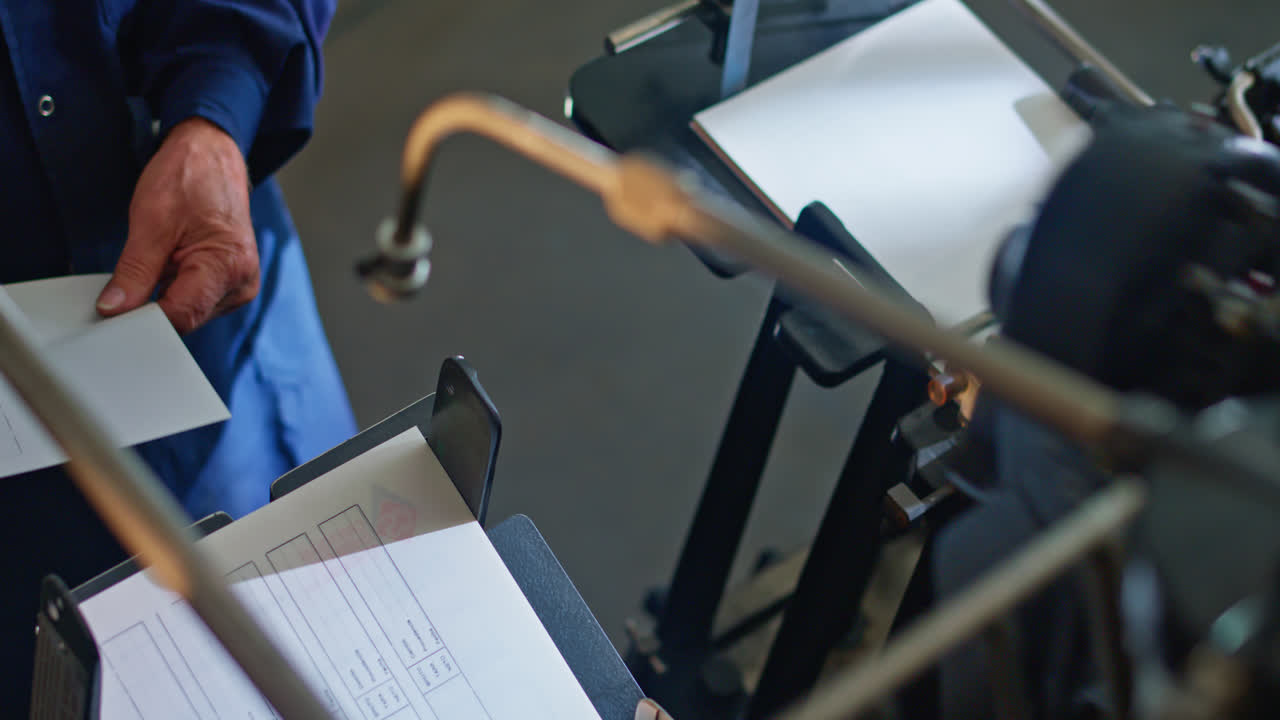Worker's Hands Operating a Printing Press in an Industrial Setting