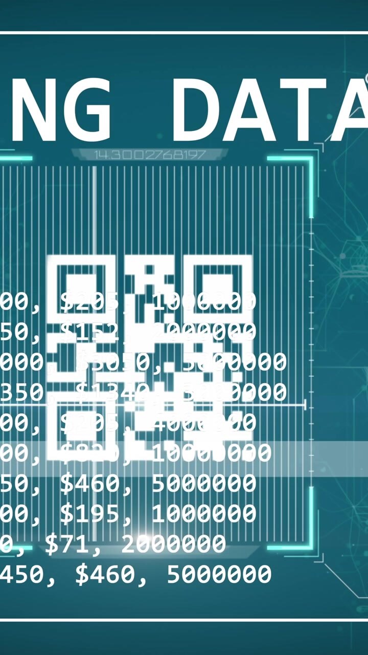 Animation of qr code, data processing over blue background