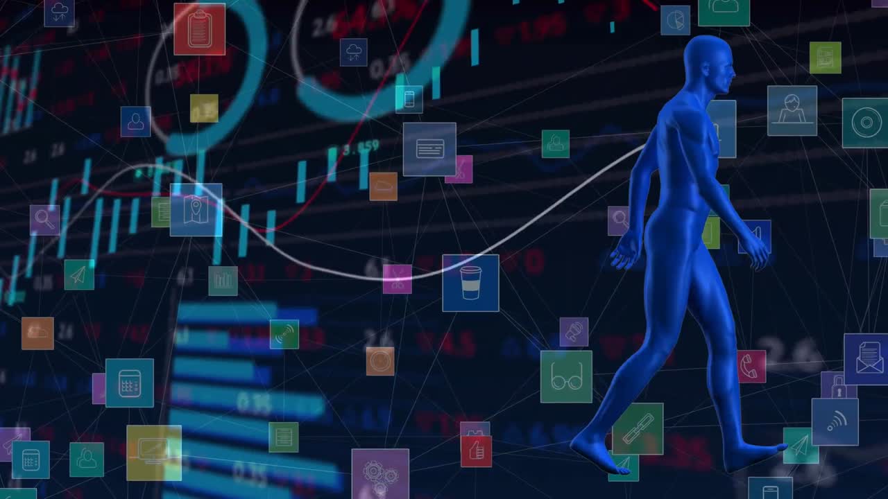 Animation of data processing and digital human on black background