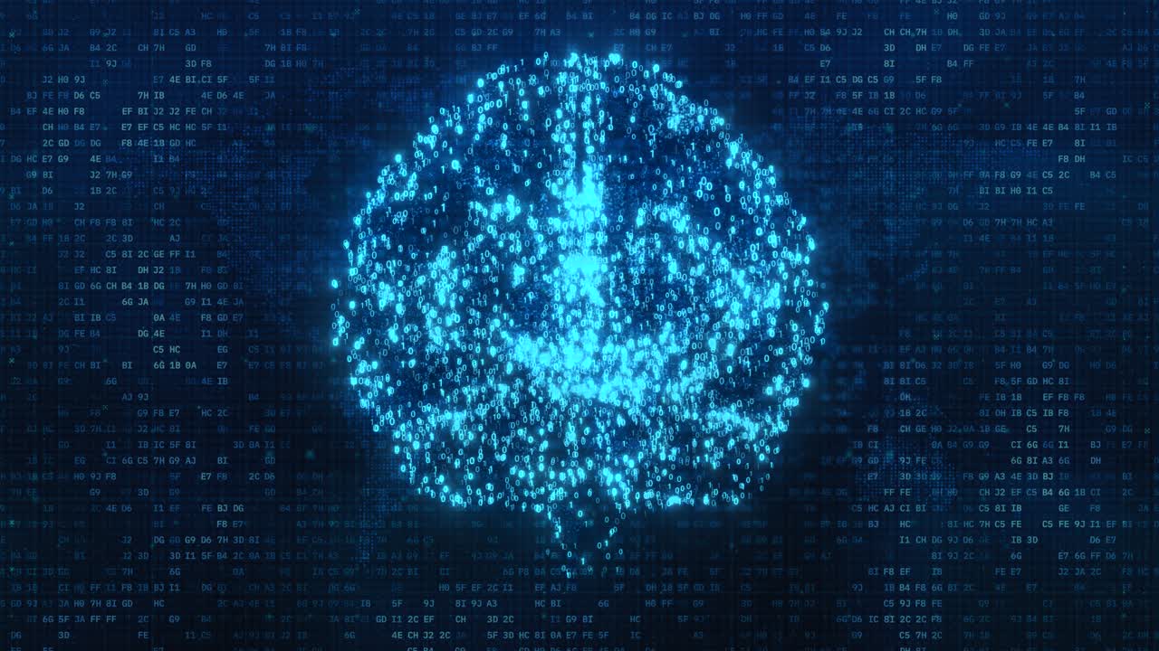Futuristic 3D AI Brain Animation with Rotating Binary Code and Glowing Blue Neural Network Background