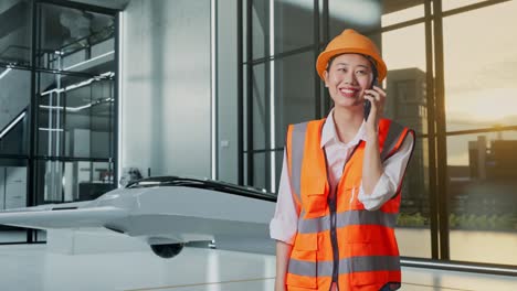 ingeniera hablando por teléfono en una oficina moderna con un dron