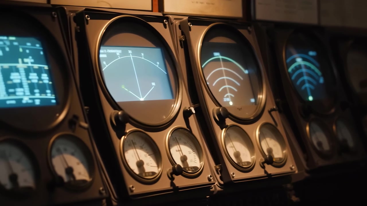 Un lento movimento della telecamera verso sinistra rivela ulteriori dettagli di display illuminati e indicatori su apparecchiature di controllo datate, con grafiche ciano che contrastano con metallo scuro e luce ambrata