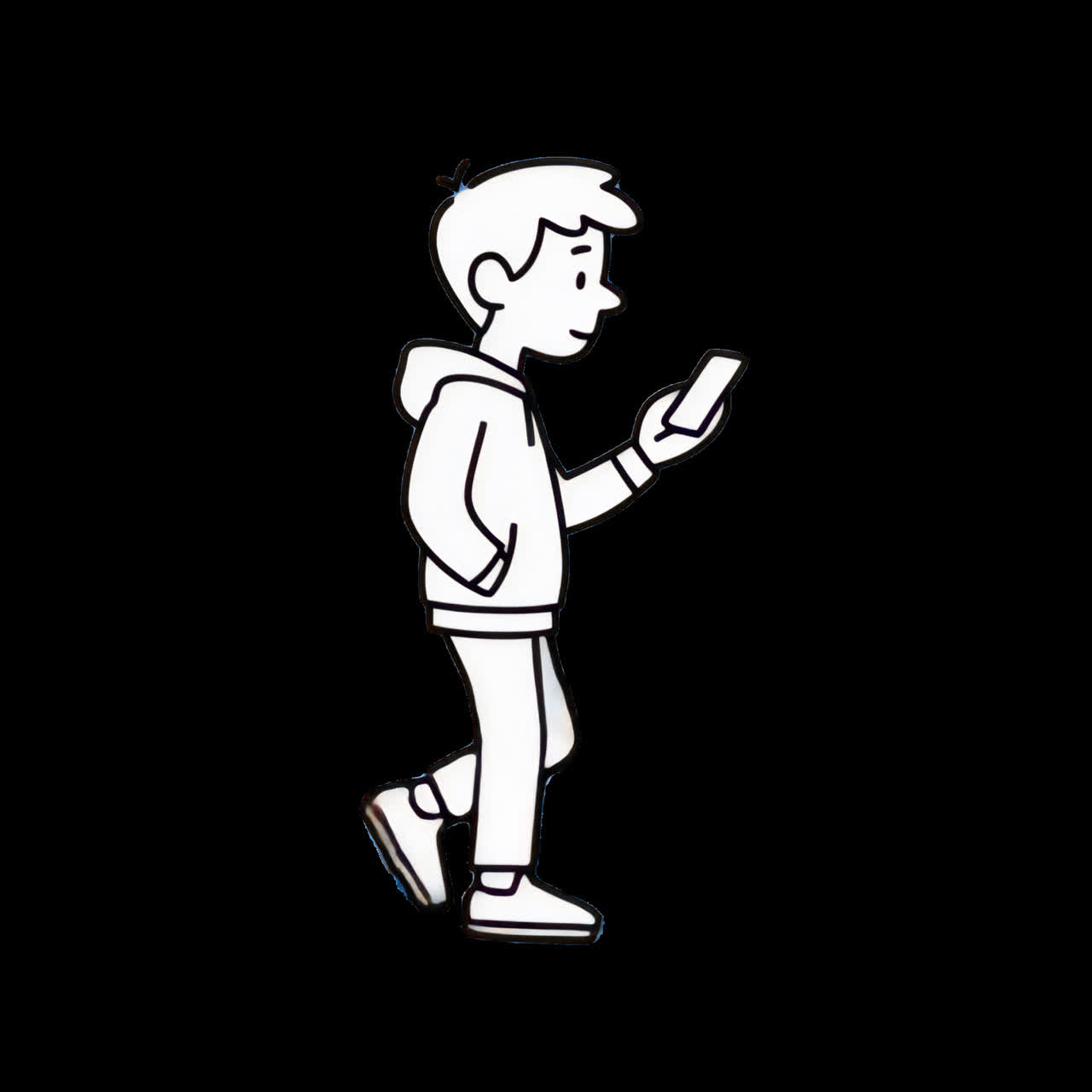 Cartoon boy walking smartphone animation isolated asset, transparent 4K video, alpha channel, ProRes