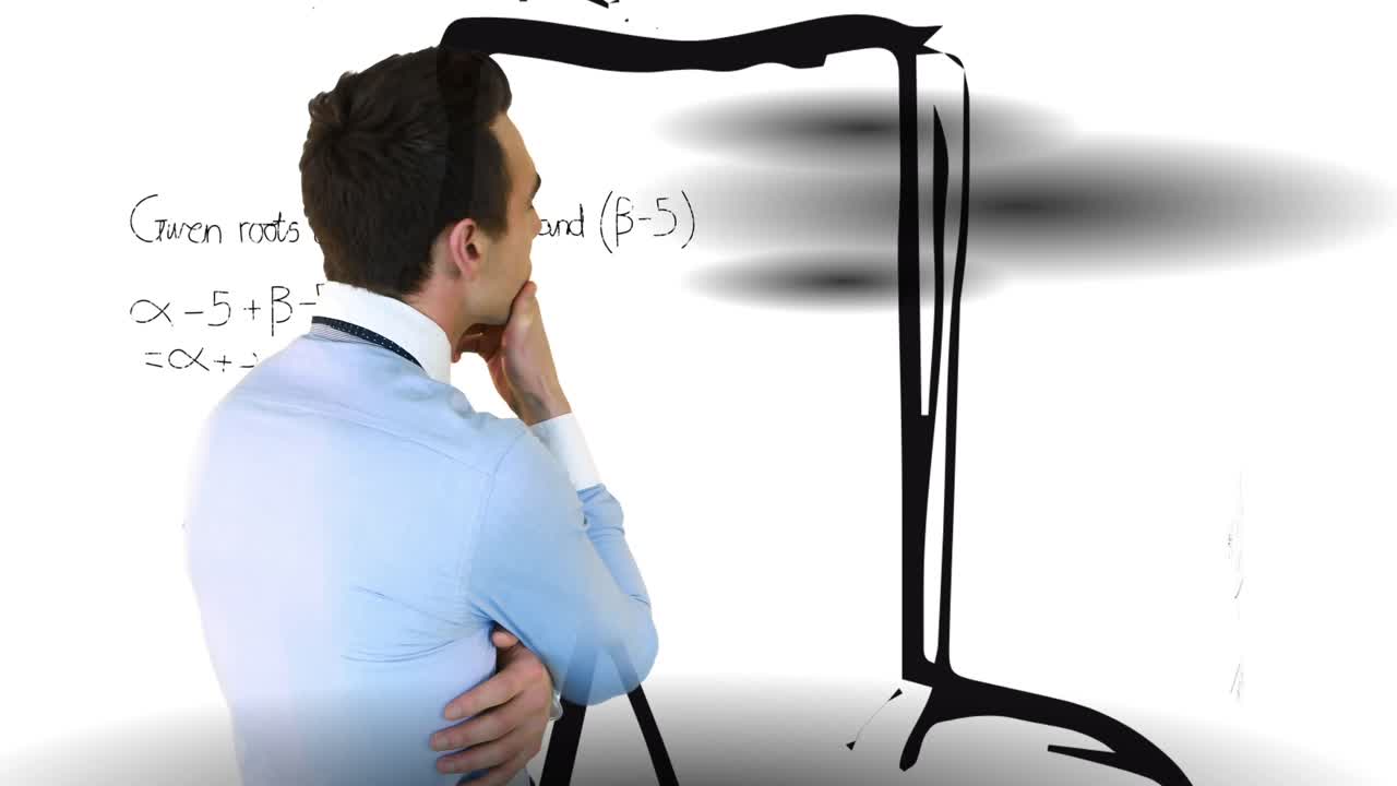 그래피티 와 수학 기호 를 가진  ⁇  배경 에 생각 하는 백인 사업가 의 애니메이션