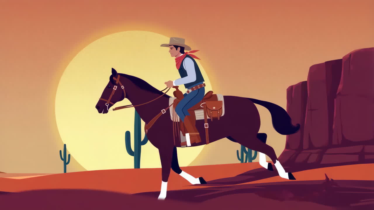 Cowboy Riding a Horse in a Desert Sunset Landscape