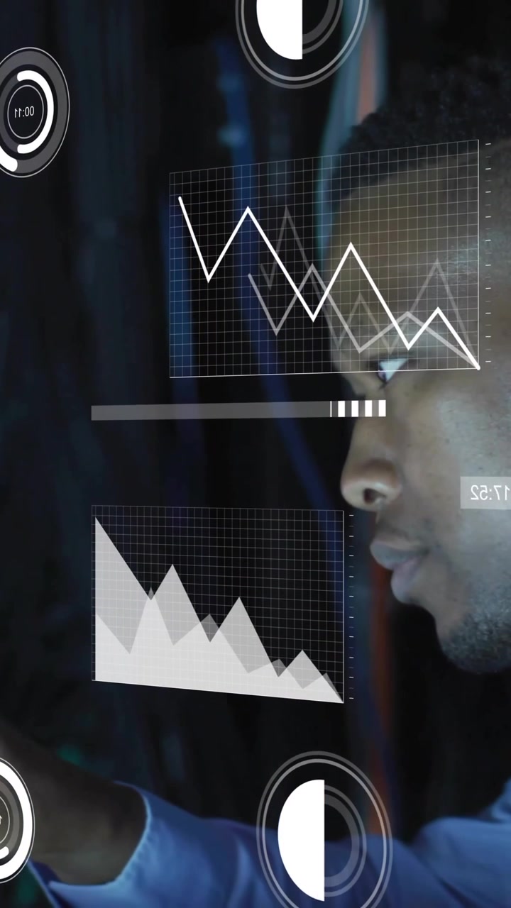 Animation of data processing and diagrams over african american male worker in server room