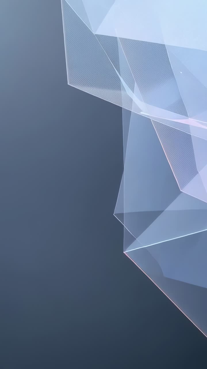 Vertical video: Motion starting glass facets moving in dark UI to settle box and edges, copy space