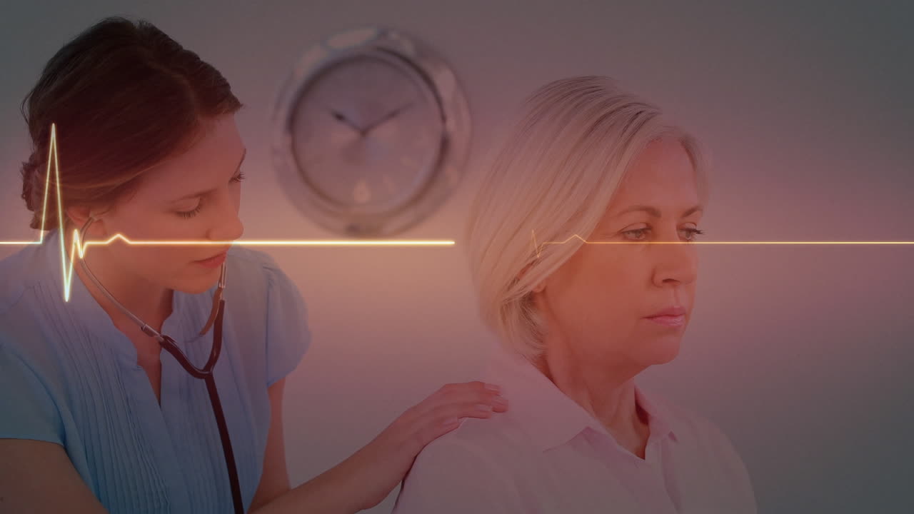 Animazione di un cardiogramma su uno sfondo diversificato di medici e pazienti