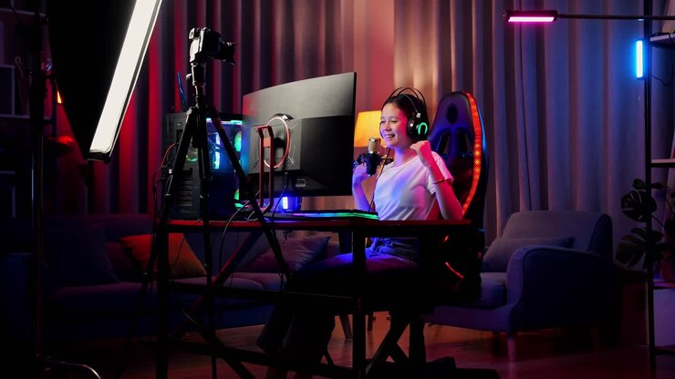 Asian Girl Streamer Screaming Goal And Dancing Celebrating Winning Game Over Network On Personal Computer. Live Stream Video Game, Desk Illuminated By Rgb Led Strip Light