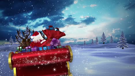 Animation-Des-Weihnachtsmanns-Im-Schlitten-Mit-Weihnachtsgeschenken-Und-Schnee,-Der-In-Die-Winterlandschaft-Fällt