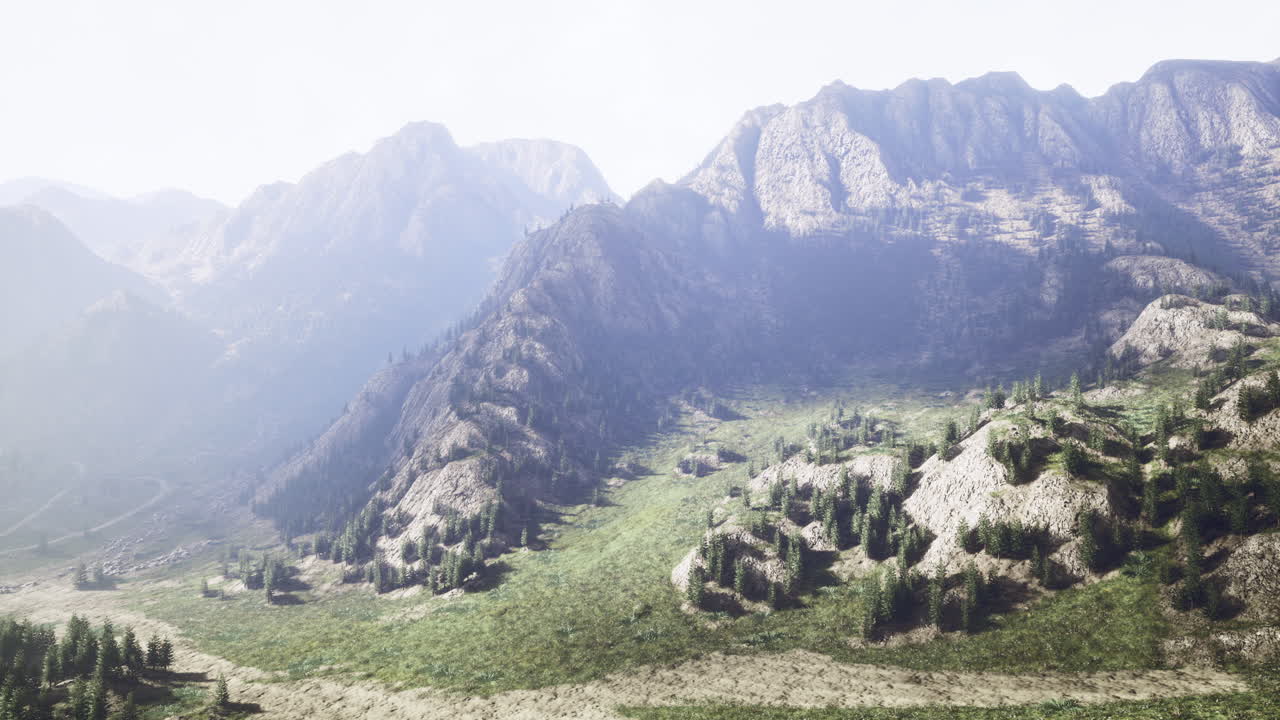 Majestic mountain landscape adorned with lush greenery in golden sunlight