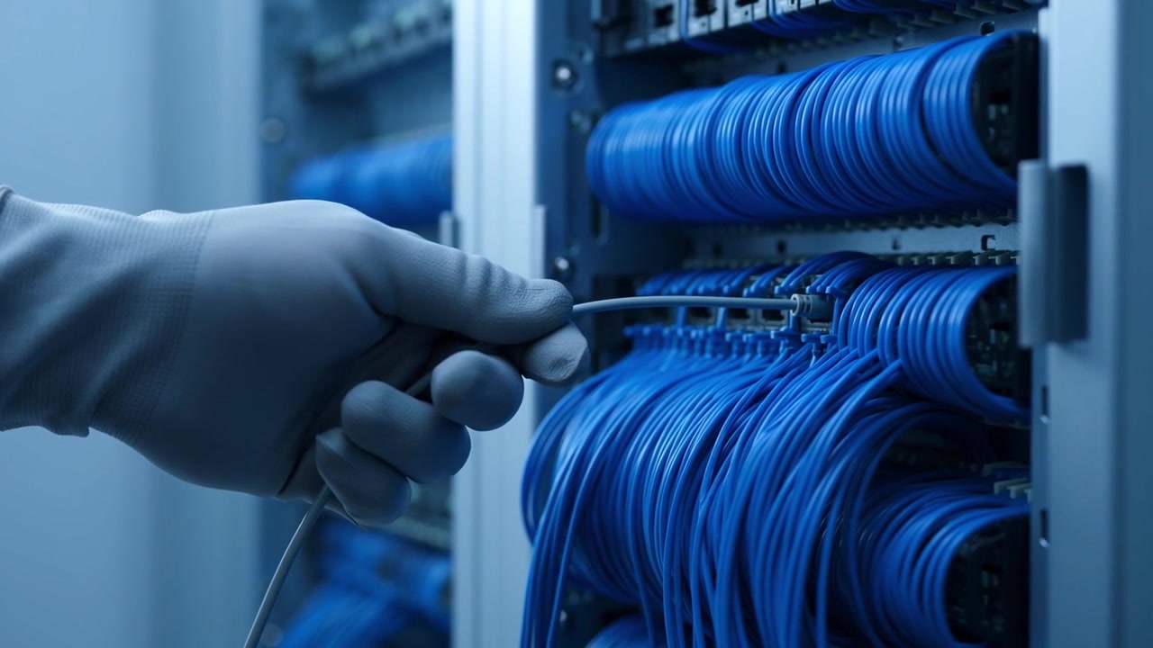 Gloved Hand Plugging Network Cable into Server Rack
