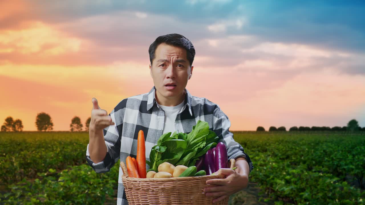 야채 바구니 를 들고 있는 아시아 남성 농부 는 당황 한 몸짓 을 하고  에 있는 것 을 말 하고 있다