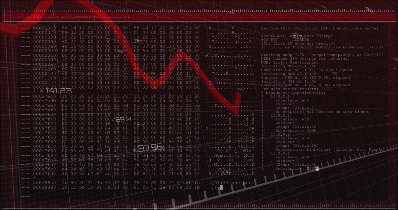 Grid interface starting data fading pulsing red waveform streaming hex scrolling log for analysis