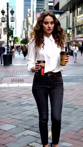 businesswoman walking in the city with coffee