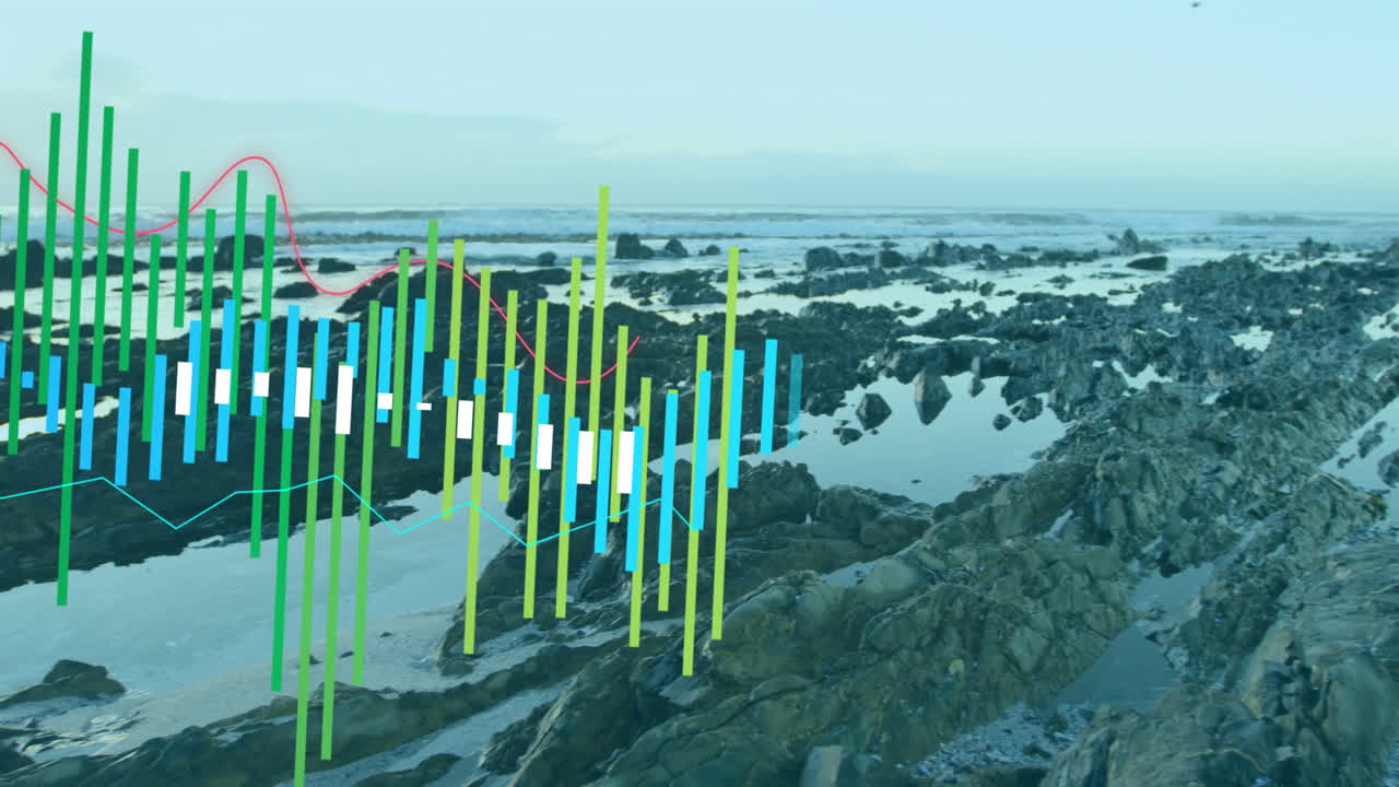 Rocky coastal landscape with colorful data visualization animation in foreground