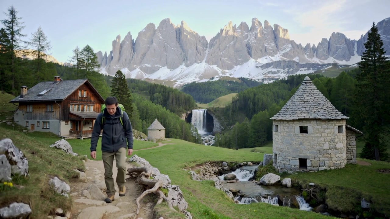 Iniziando l'avvicinamento, un escursionista uomo si muove verso la telecamera scavalcando radici su un sentiero roccioso con lo zaino.