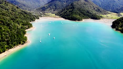 fly over of yachts in anchorage at tennyson inlet in the marlborough sounds