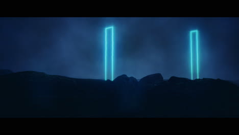 rocky landscape with huge blue light portal structures