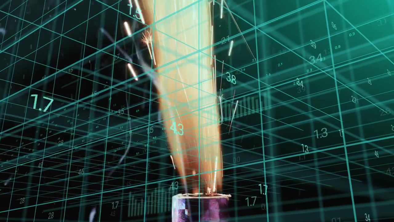 Nozzle emitting flame while flame widening, elongating, sparking in teal grid for analysis