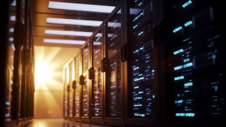 A glimpse into a modern data center's interior showcasing numerous servers illuminated by soft lighting at night. The advanced technology highlights efficient data processing and storage.