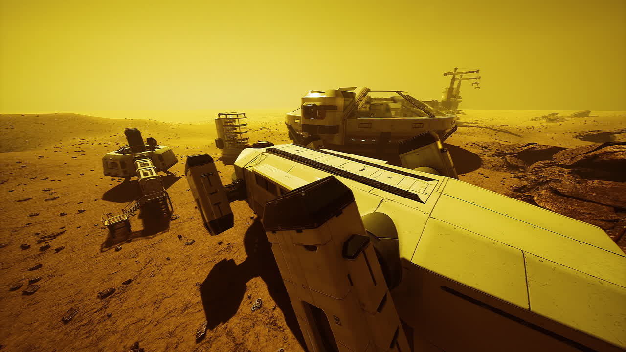 Futuristic exploration vehicles on a desolate alien landscape at sunset