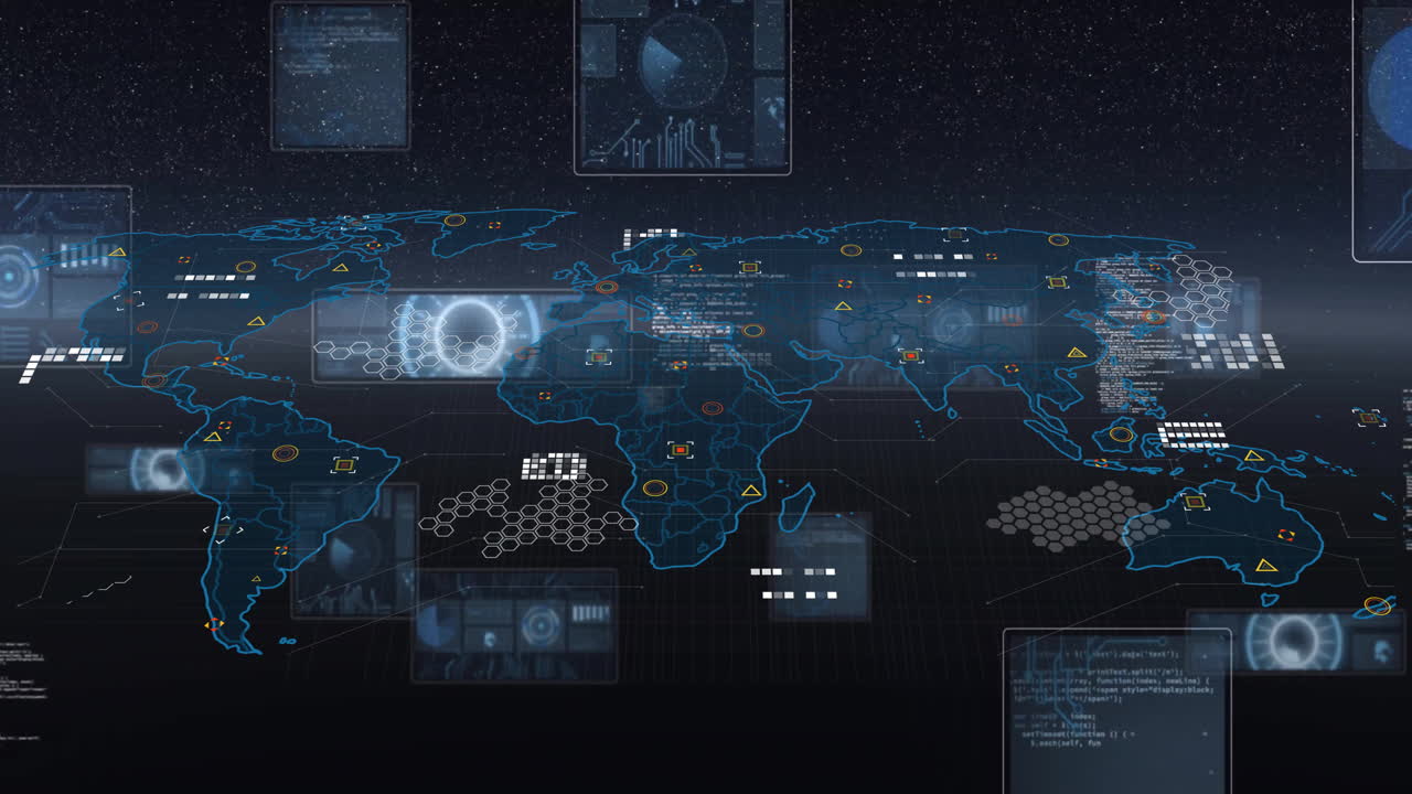 Global network connections and data processing animation over world map
