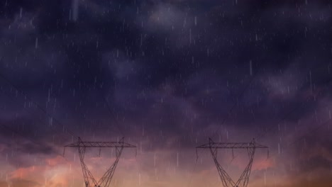 Animation-of-rain-and-storm-over-electricity-poles-at-sunset
