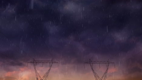 animation of rain and storm over electricity poles at sunset