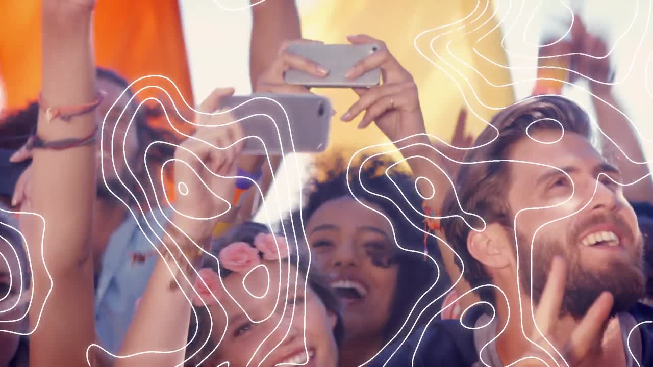 animación de líneas blancas sobre personas felices bailando al aire libre