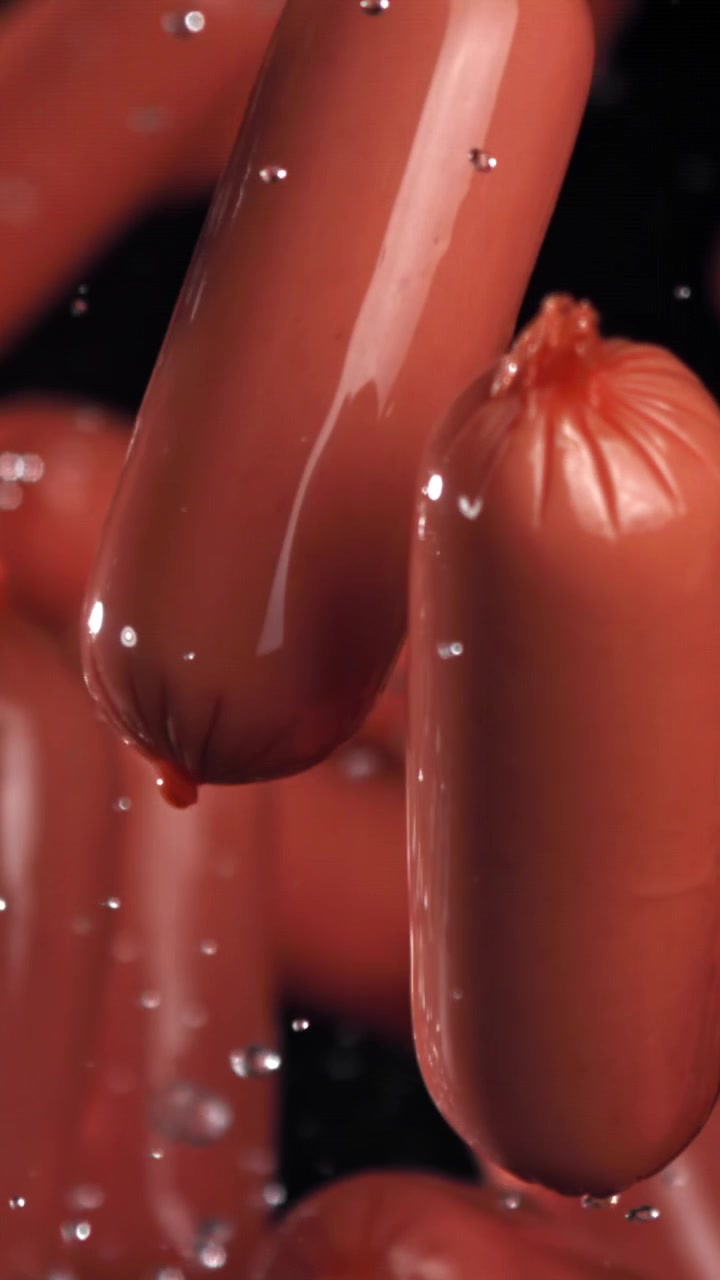 Salsicce rosse con goccioline d'acqua che cadono al rallentatore