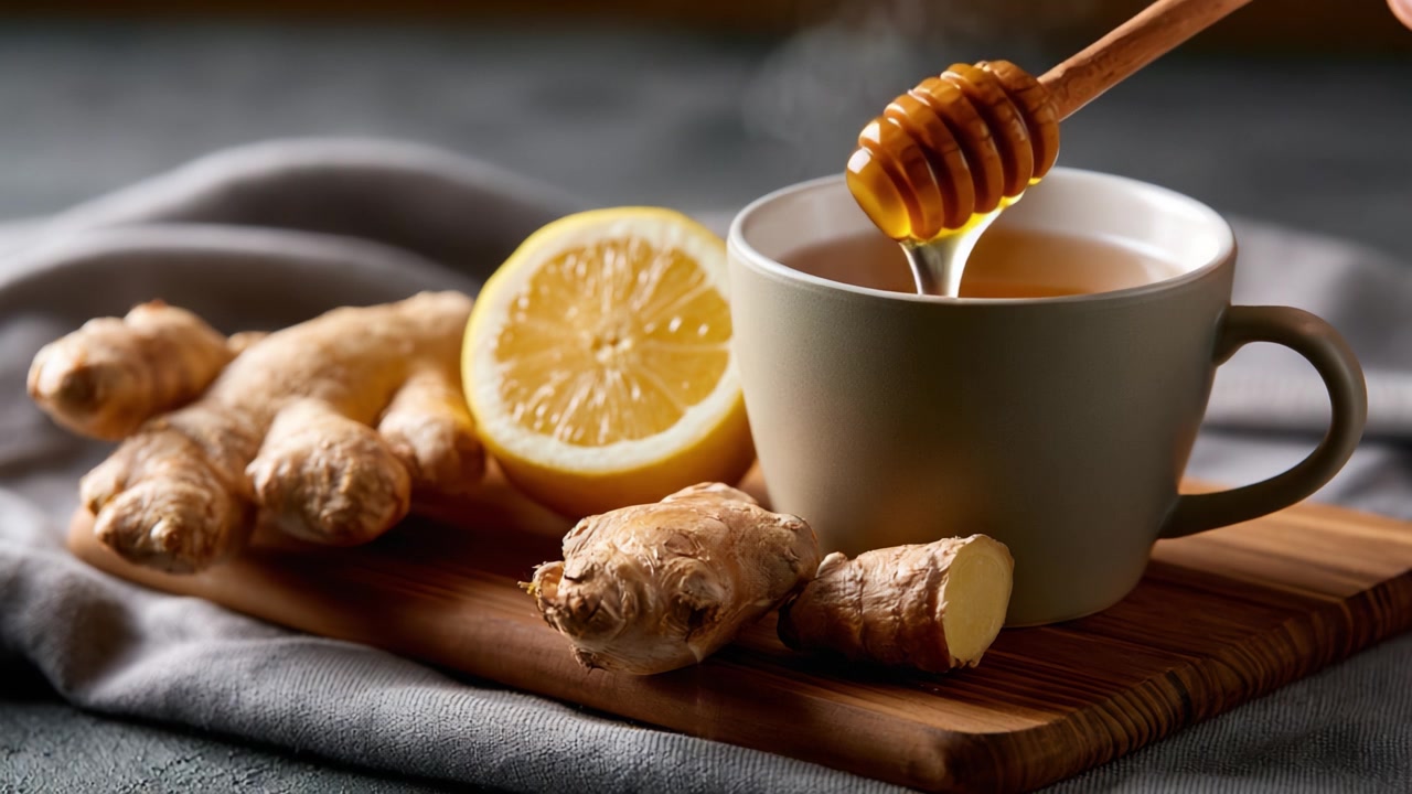 Tè caldo allo zenzero con limone e miele: una bevanda erboristica confortante per il relax e il benessere con ingredienti freschi e aroma affumicato.